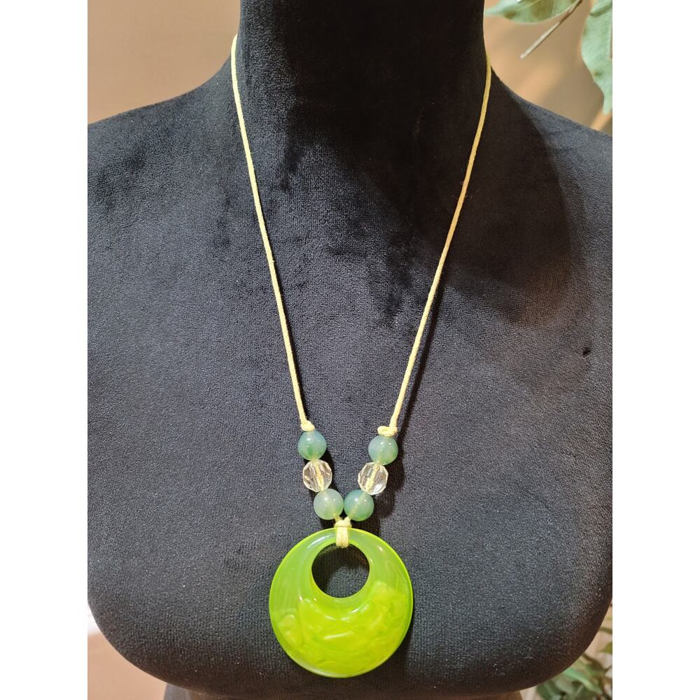 Women’s Green Resin Ring Pendant Necklace with Beaded Accents on Adjustable Cord
